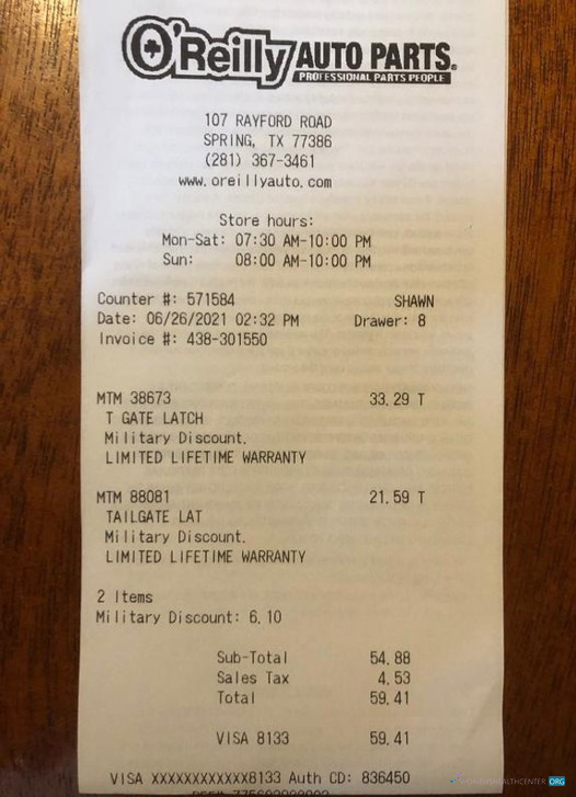 Download USA O'Reilly auto parts payment receipt Photoshop template